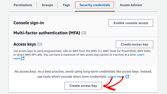 Create an AWS Access Key Create an AWS Access Key