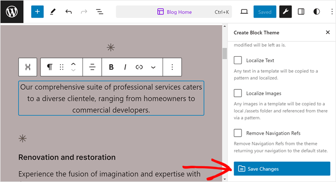 Confirming to save theme changes in Create Block Theme Confirming to save theme changes in Create Block Theme