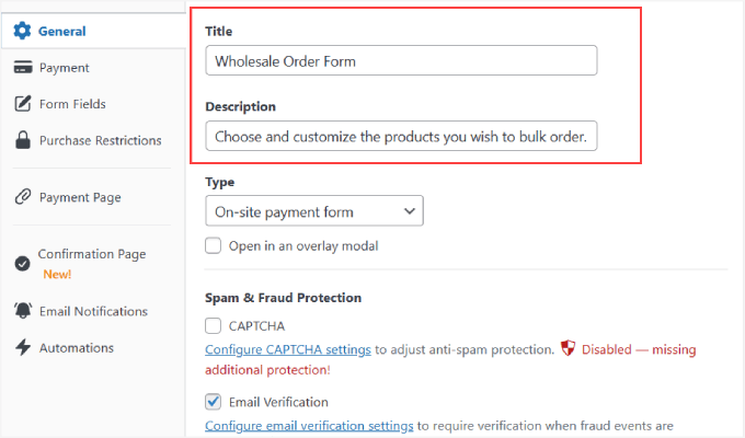 Title and description of payment form Title and description of payment form