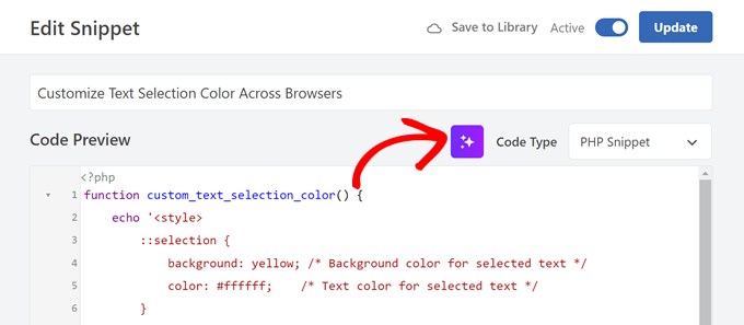 Clicking on a button to improve an AI-generated code snippet in WPCode Clicking on a button to improve an AI-generated code snippet in WPCode