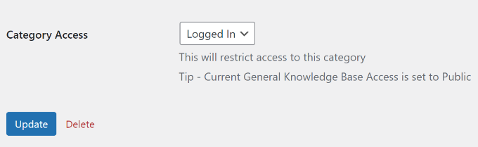 Category access settings Category access settings
