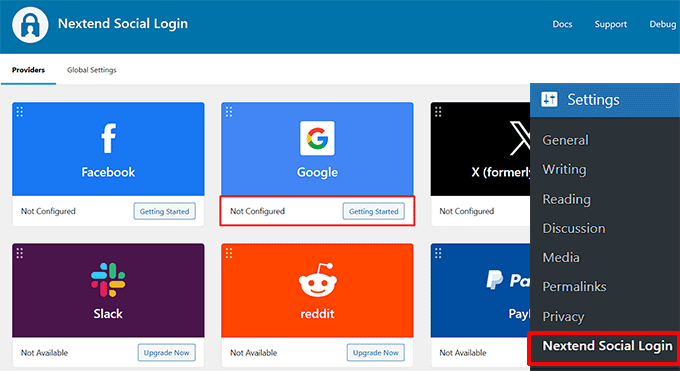 Click Getting Started button for Google 