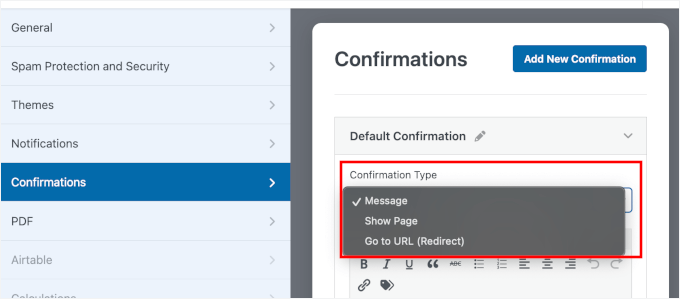 Choosing the form submission confirmation type