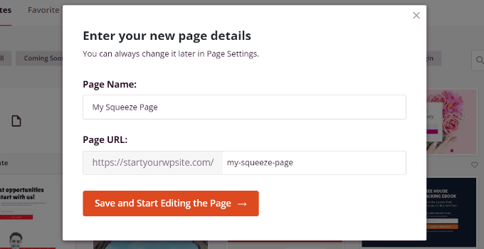 Enter a name for squeeze page Enter a name for squeeze page