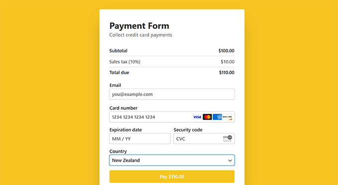 Preview of a payment form with a fixed tax rate Preview of a payment form with a fixed tax rate