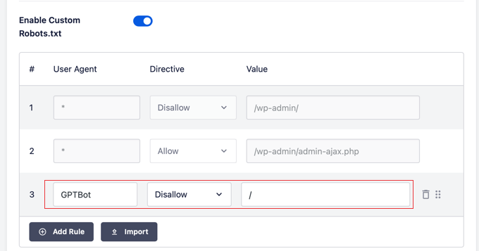 Adding a Custom Robots.txt Rule Using AIOSEO Adding a Custom Robots.txt Rule Using AIOSEO