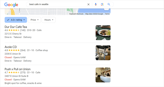 Example of Google listing the top-rated cafes in their SERPs Example of Google listing the top-rated cafes in their SERPs