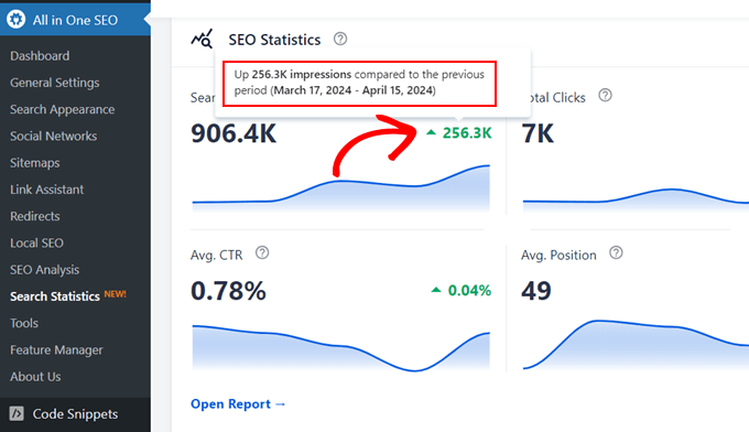 Hovering over the search impressions graph in AIOSEO Hovering over the search impressions graph in AIOSEO