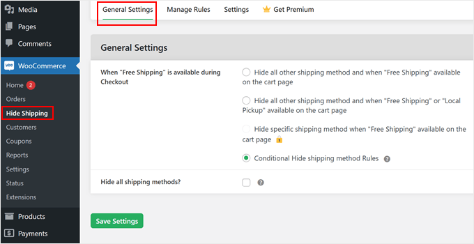 Hide Shipping for WooCommerce general settings Hide Shipping for WooCommerce general settings