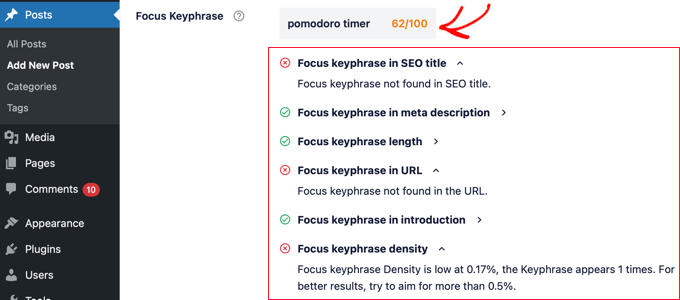 Focus Keyphrase Score in AIOSEO Focus Keyphrase Score in AIOSEO