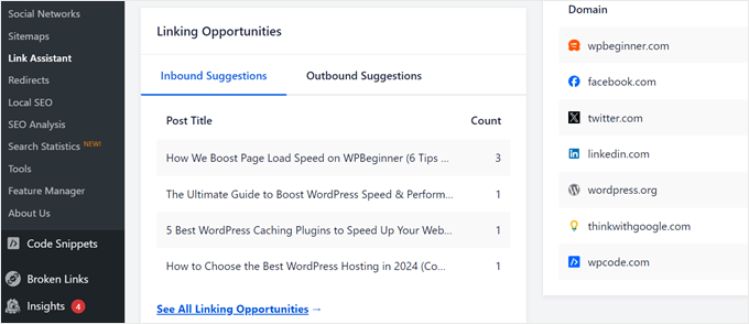 The Linking Opportunities list in AIOSEO The Linking Opportunities list in AIOSEO