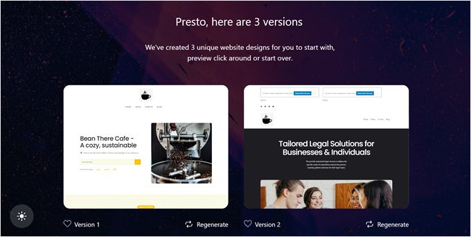 Choosing a theme generated by Bluehost AI Site Creator Choosing a theme generated by Bluehost AI Site Creator