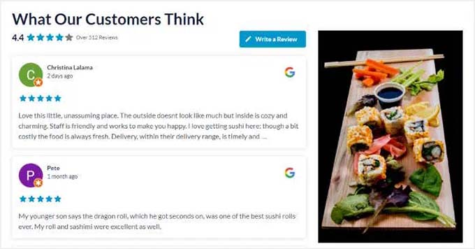 Preview of filtered Google Reviews shown with Smash Balloon