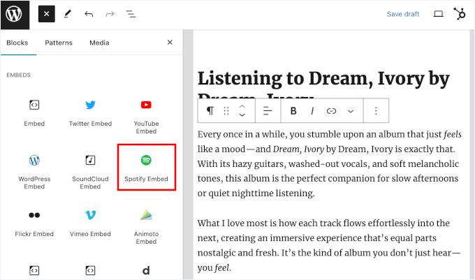 The Spotify Embed block The Spotify Embed block