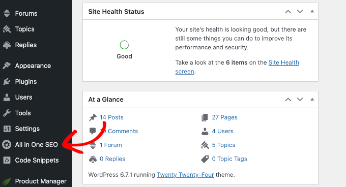 The AIOSEO menu in WordPress admin area The AIOSEO menu in WordPress admin area