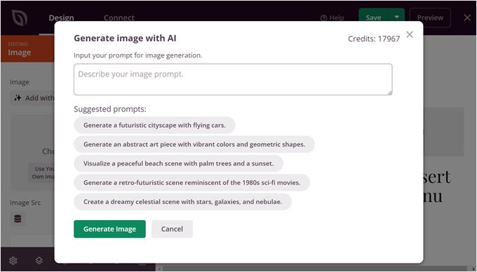 Inserting a prompt for the SeedProd AI image generator Inserting a prompt for the SeedProd AI image generator