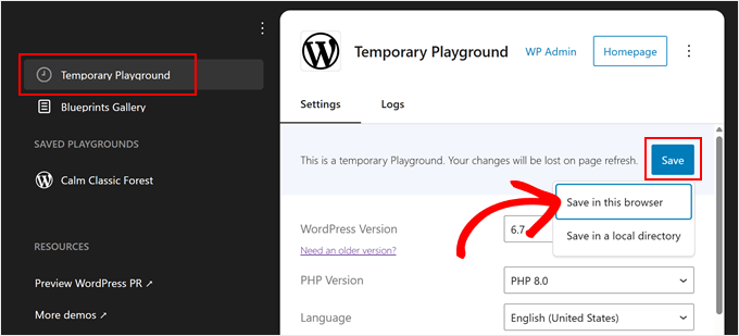 Saving a Playground instance in the browser Saving a Playground instance in the browser