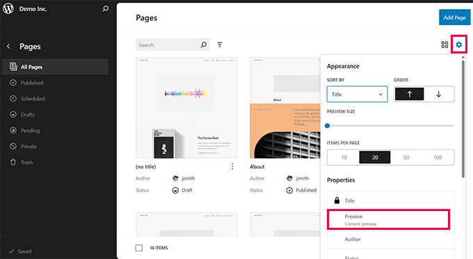 Pages grid showing content preview Pages grid showing content preview