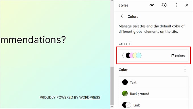 Selecting Palette in the Color options within WordPress Full Site Editor Selecting Palette in the Color options within WordPress Full Site Editor