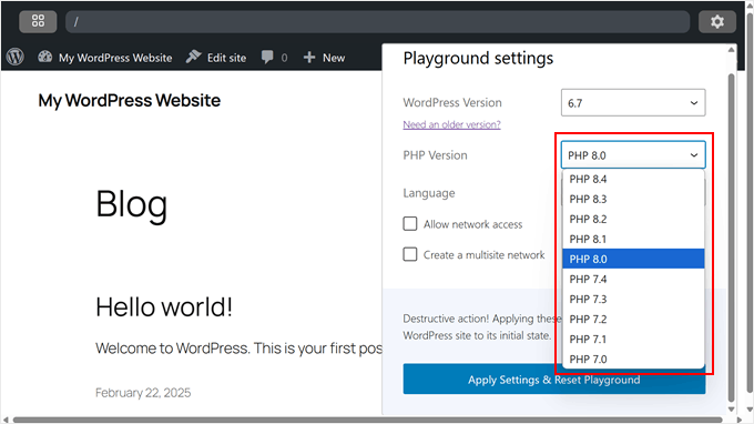 Choosing a PHP version in WordPress Playground Choosing a PHP version in WordPress Playground