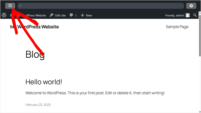 Clicking on the four little squares button in WordPress Playground Clicking on the four little squares button in WordPress Playground