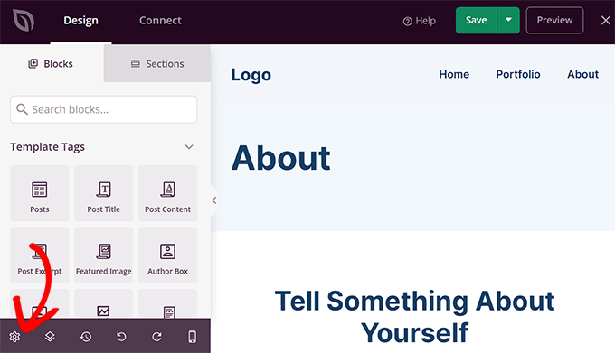 Click the gear icon to open up the Global CSS page Click the gear icon to open up the Global CSS page