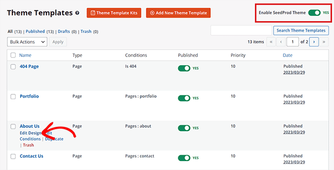 Toggle the switch to enable the theme and click on Edit Design link to open editor Toggle the switch to enable the theme and click on Edit Design link to open editor