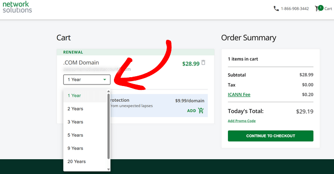 Select the number of years for domain renewal Select the number of years for domain renewal