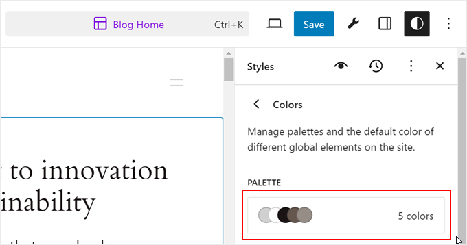 Opening a block theme's color palette in FSE Opening a block theme's color palette in FSE