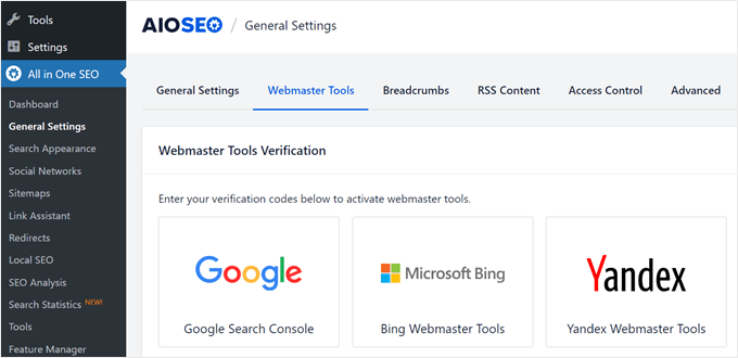 AIOSEO's Webmaster Tools settings AIOSEO's Webmaster Tools settings