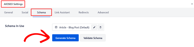 Click the Generate Schema button in AIOSEO Click the Generate Schema button in AIOSEO