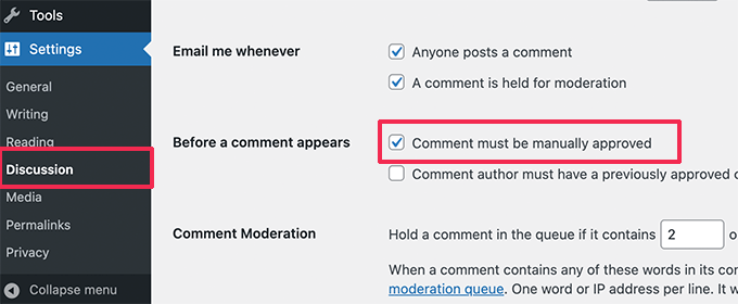 Require all comments to be manually approved Require all comments to be manually approved