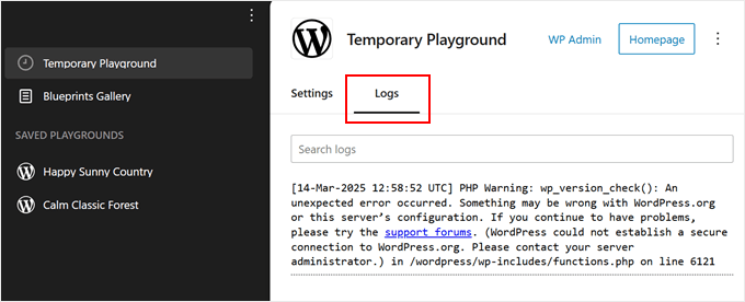 Viewing WordPress Playground error logs Viewing WordPress Playground error logs
