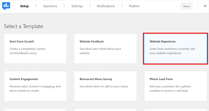 Choose the website experience feedback template Choose the website experience feedback template