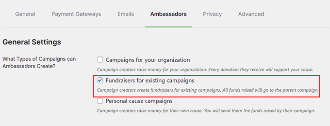 Select Fundraisers for existing campaigns option Select Fundraisers for existing campaigns option