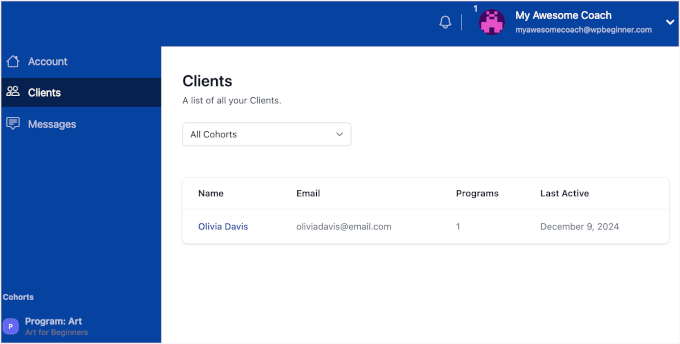 Client list in a MemberPress cohort-based online course Client list in a MemberPress cohort-based online course