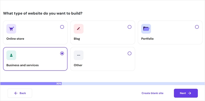 Choosing a website type in Hostinger Choosing a website type in Hostinger
