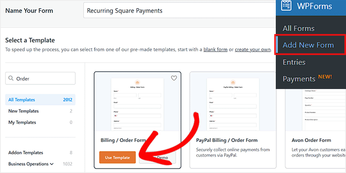 Choose a template for Square payment form in WPForms