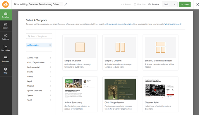 WPCharitable choose campaign layout and template WPCharitable choose campaign layout and template