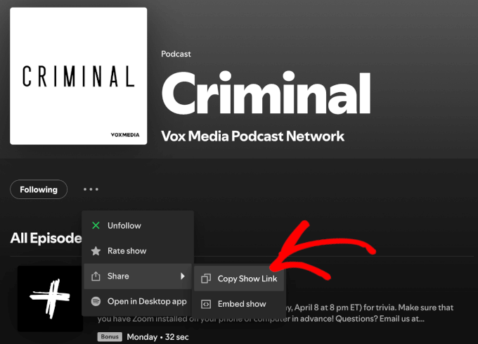 The Copy show link button The Copy show link button