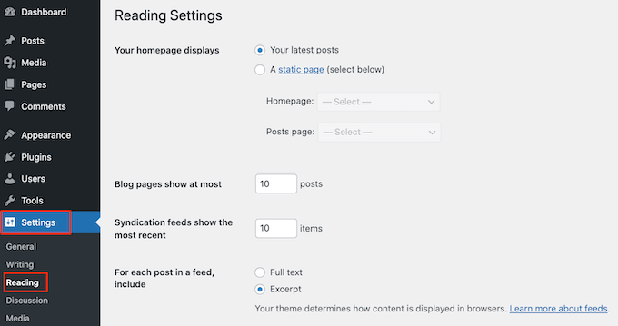 The WordPress Settings page The WordPress Settings page
