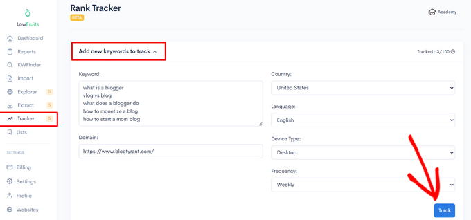 Add keywords to track in LowFruits Add keywords to track in LowFruits