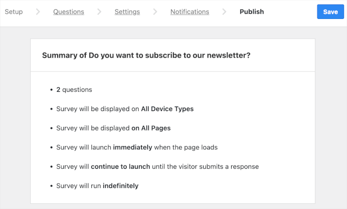 userfeedback-survey-addnew-publish-formsummary UserFeedback's form summary