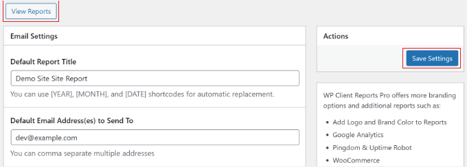 Save settings and view client report Save settings and view client report