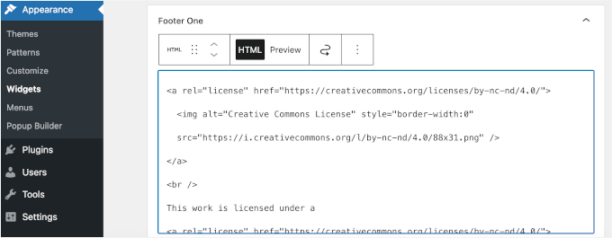 Adding Creative Commons HTML snippet in Widgets