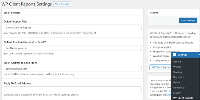 Client reports email settings Client reports email settings