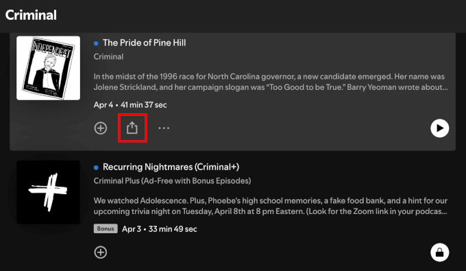 The share button for sharing a podcast episode The share button for sharing a podcast episode