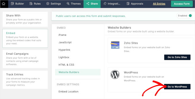 The Go to WordPress button in Zoho Forms The Go to WordPress button in Zoho Forms