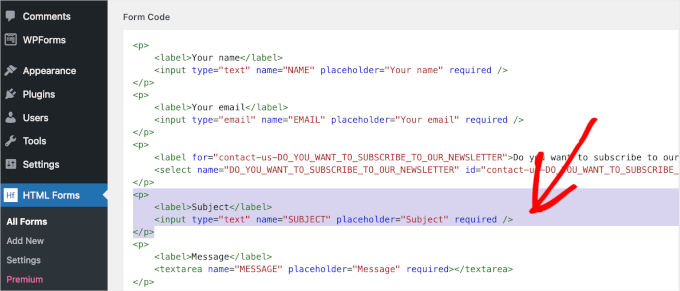 wpadminarea-htmlforms-addnew-editform-deletesubjectfield Selecting the subject field's tag to remove in HTML Forms