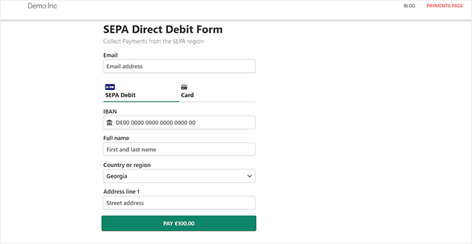 SEPA payment form preview SEPA payment form preview
